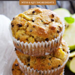 Pinterest pin for gluten-free baking tips. Image of gluten free muffins stacked three high.