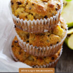 Pinterest pin for gluten-free baking tips. Image of gluten free muffins stacked three high.