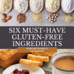 Pinterest pin for gluten-free baking tips. Image of various gluten free flours in wooden spoons and a loaf of sliced gluten free bread.