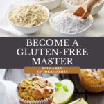 Pinterest pin for gluten-free baking tips. Image of gluten-free flour in white bowls and gluten-free muffins.