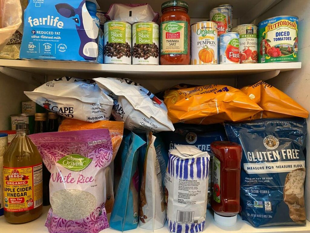 Pantry shelves lined with organic and gluten free foods.