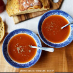 Pinterest pin for homemade tomato soup. Images of bowls of tomato soup on a wooden counter.