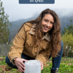Pinterest pin for garden tasks in April. Image of a woman in the garden.