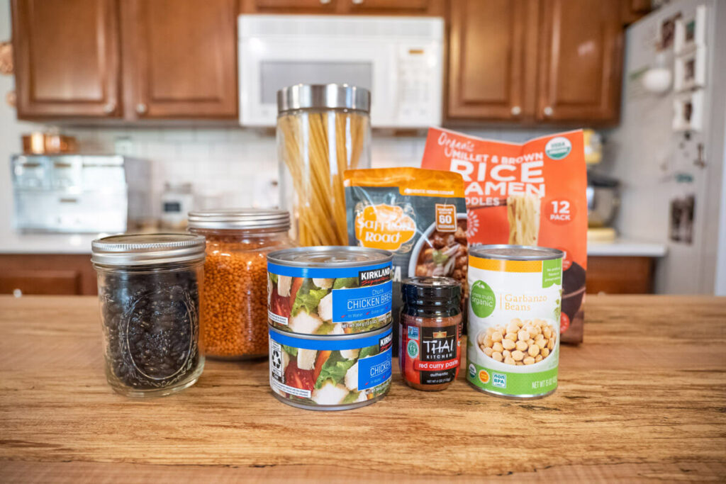 Various food items on a kitchen counter.