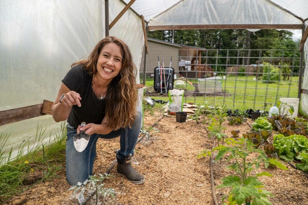 A woman adding diatomaceous earth to a tomato plant in the garden.