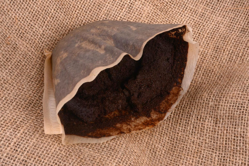 Coffee grounds in a coffee filter on burlap.