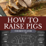 Pinterest pin for how to raise and butcher pigs for the best flavor. Image of a chart on how cuts of the pig.