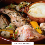 Pinterest pin for how to cook rabbit the right way. Images of cooked rabbit dishes.