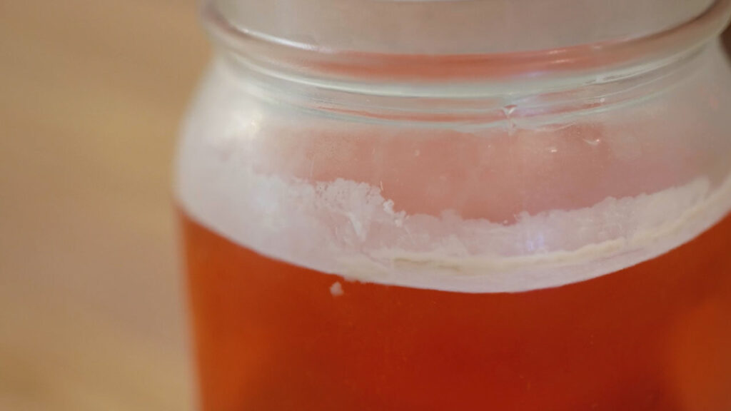 Kahm yeast on the surface of a ferment in a mason jar.