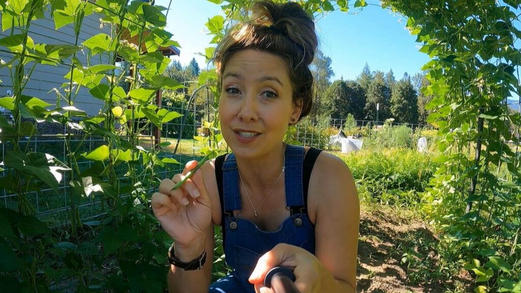 A woman holding a camera standing in her garden.