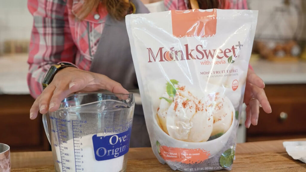 A bag of Monk Sweet sweetener on a kitchen counter.