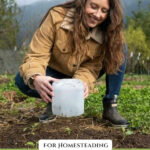 Pinterest pin for the must-have homesteading skills. Image of a woman in a garden.
