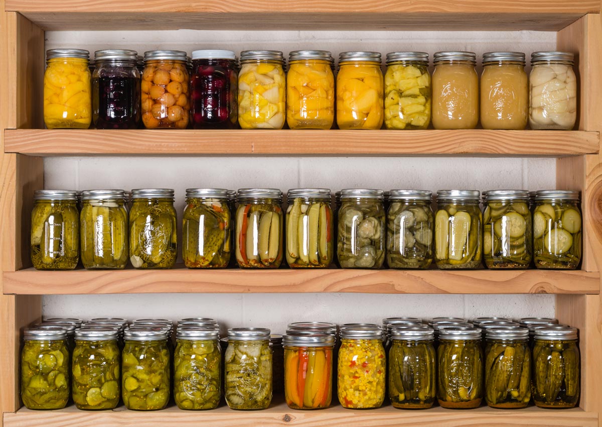 Pantry shelves lined with home canned food.