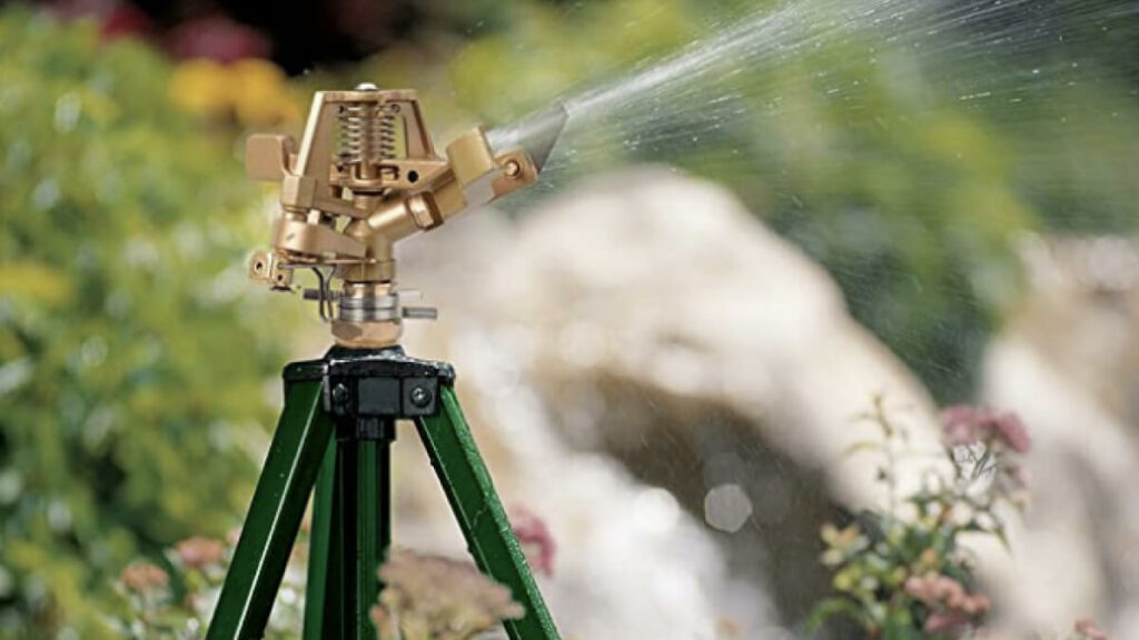 A sprinkler spraying a garden.