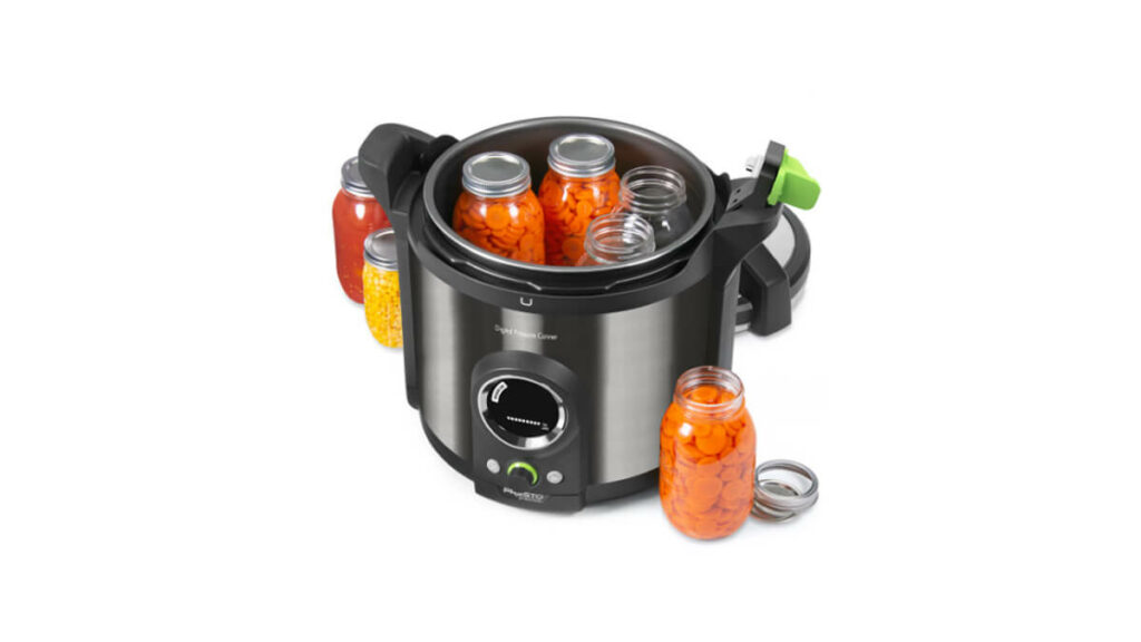 Presto Electric Pressure Canner with food in jars.
