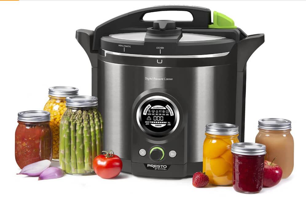 Presto Electric Pressure Canner with food in jars.