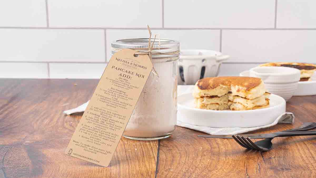 Homemade pancake mix in a glass jar.