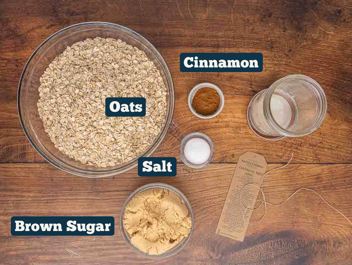 Instant oatmeal ingredients: oats, cinnamon, brown sugar, and salt.