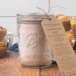 A jar of prepared homemade muffin mix.