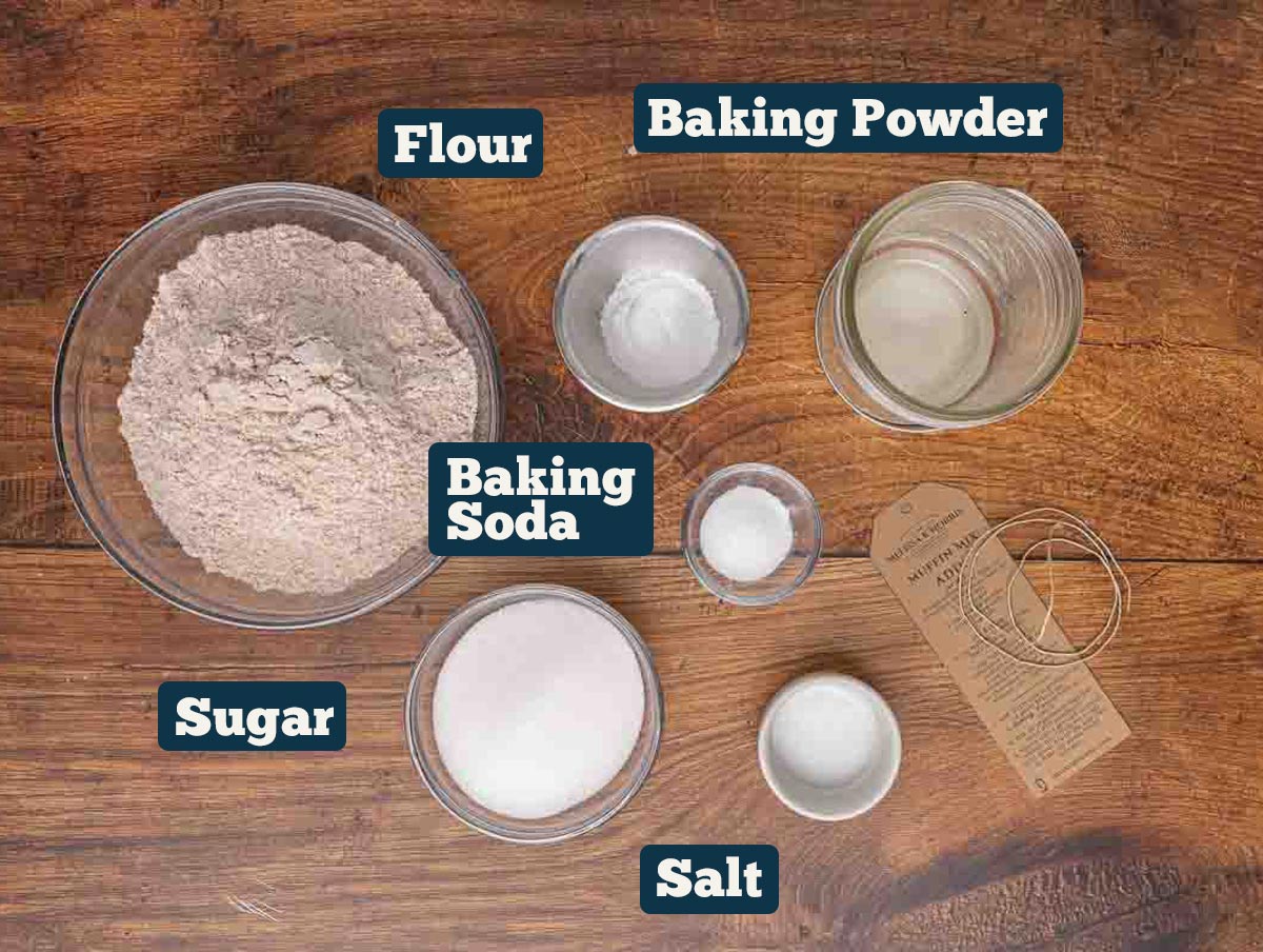 Muffin mix recipe ingredients: flour, baking powder, baking soda, sugar, and salt.
