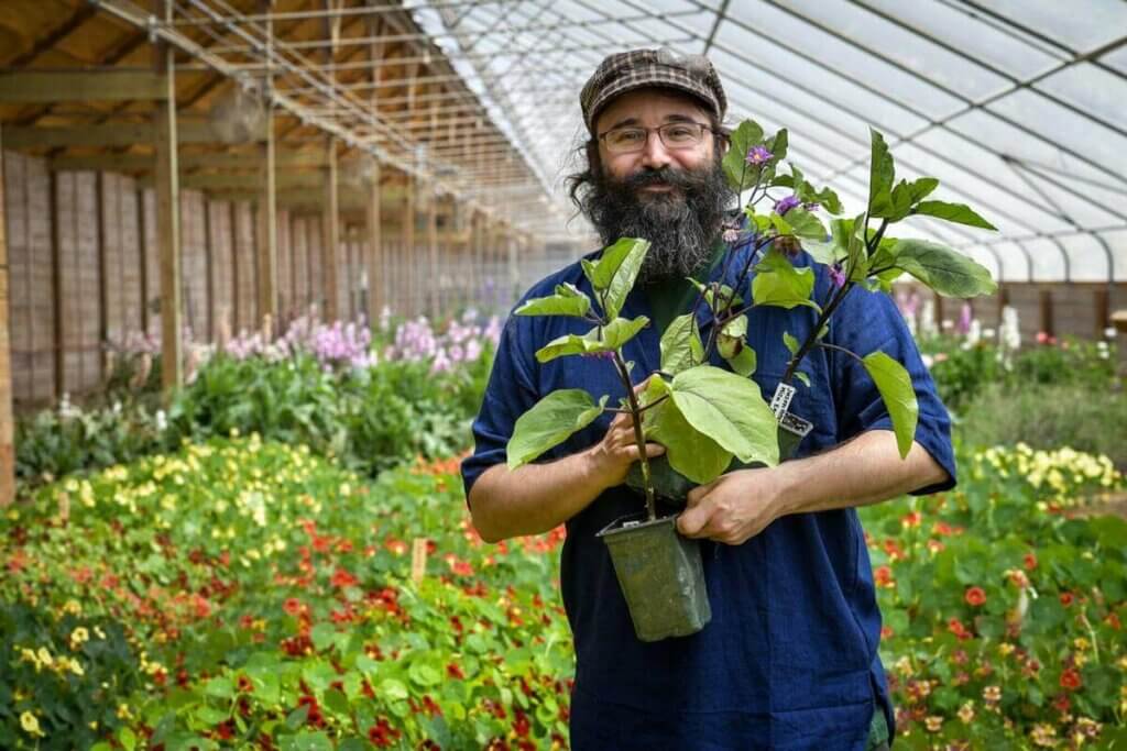 A man holding up plants in a greenhouse.