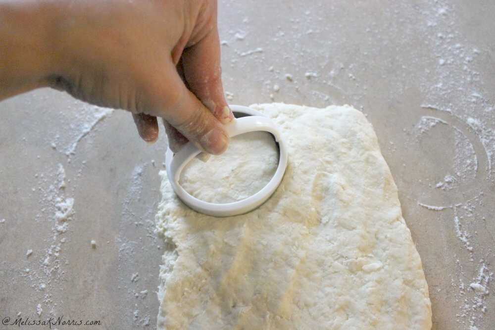Biscuit dough pressed out into a rectangle and a hand pushing a metal biscuit cutter into the dough.