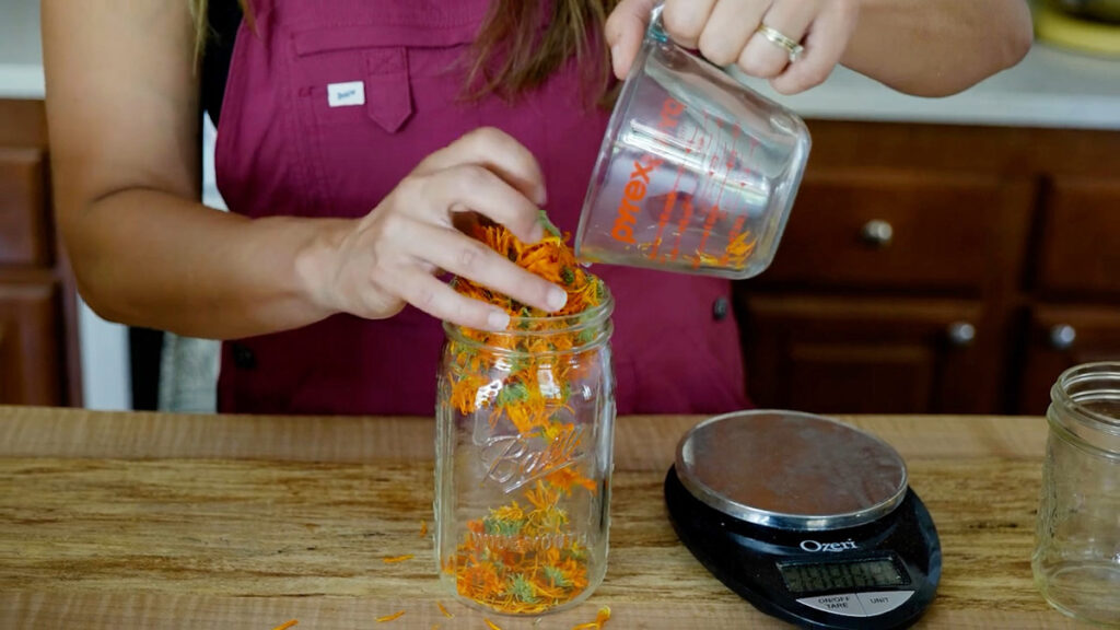 A woman pouring dried calendula flowers into a Mason jar.