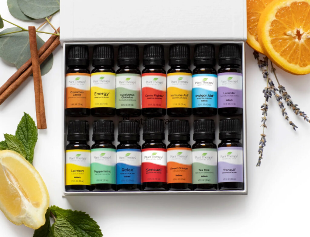 A set of Plant Therapy essential oils.