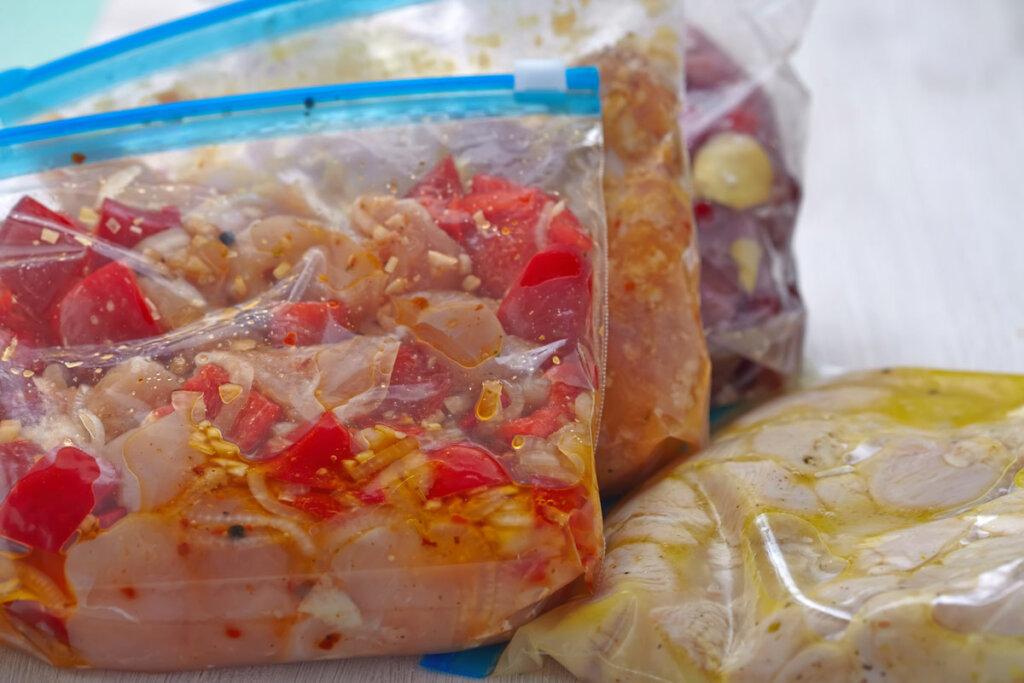 Freezer meals in ziplock bags.