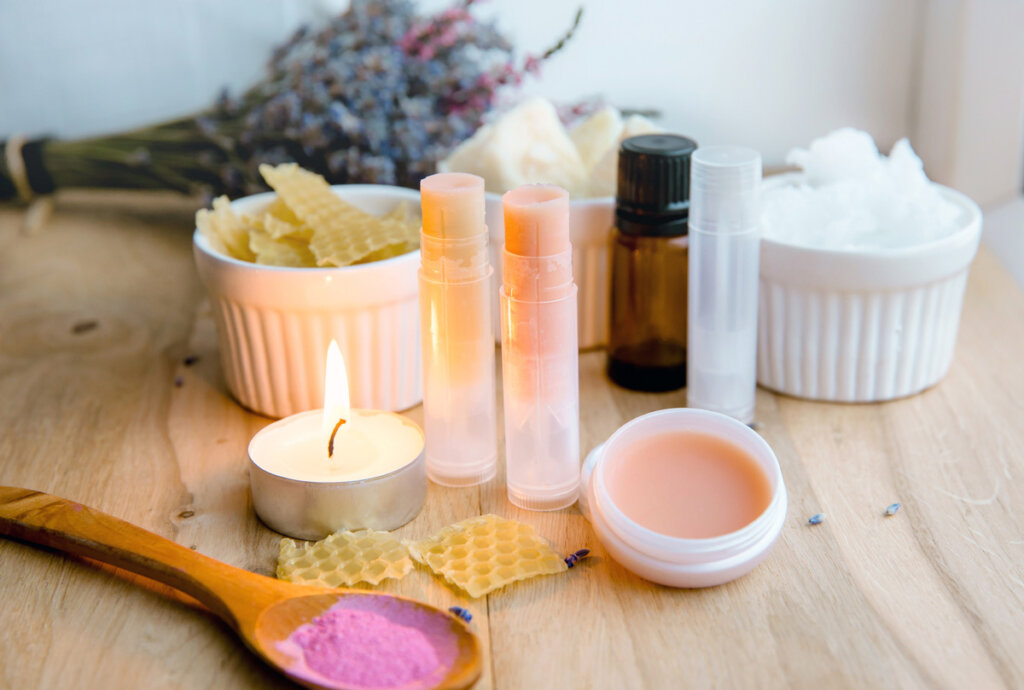 Homemade beauty product ingredients on a counter.