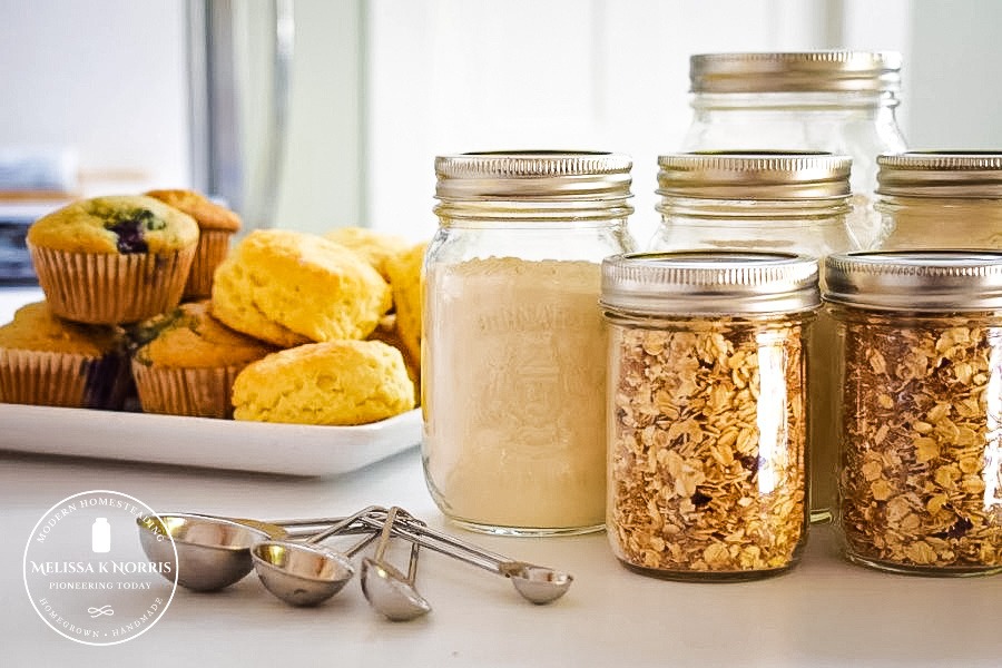 DIY Pantry Mixes in Mason jars on counter.