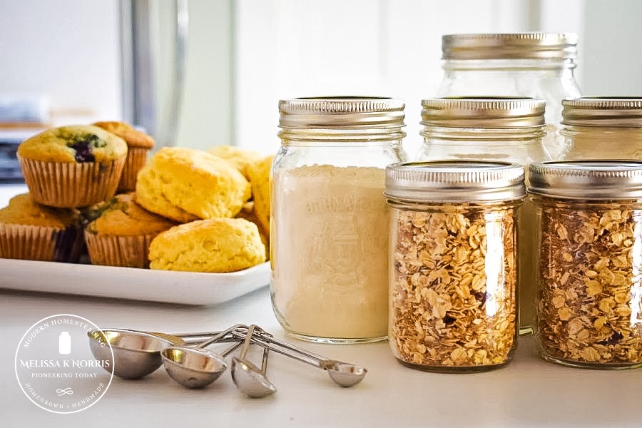 homemade pancake mix in mason jar on table 