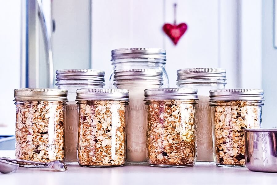 Homemade Instant Oatmeal Mix in Mason Jars on countertop