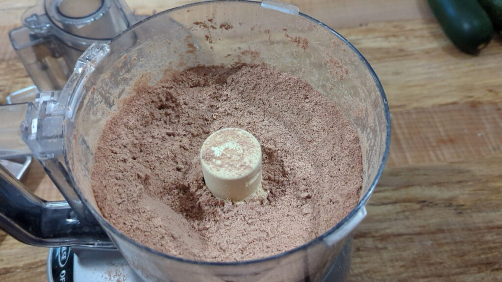 Powdered freeze-dried beef liver in a food processor.