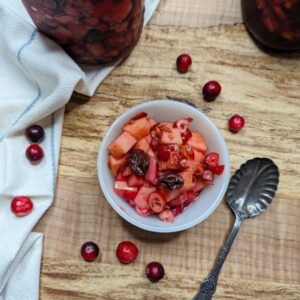 Fermented cranberry sauce in a white bowl.