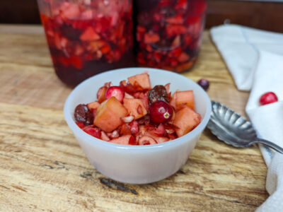Fermented cranberry sauce in a white bowl.