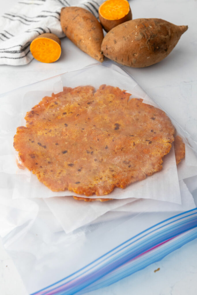 Sweet potato tortillas in a ziptop bag for freezing.