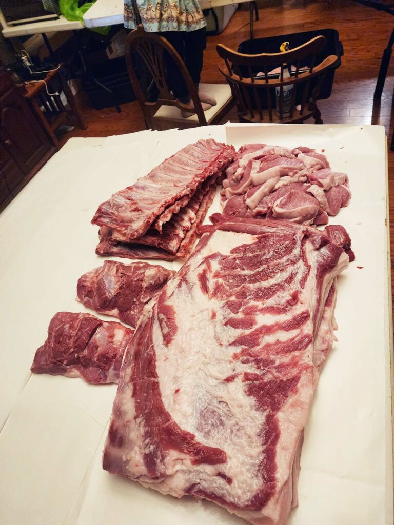 Cuts of beef on a table.