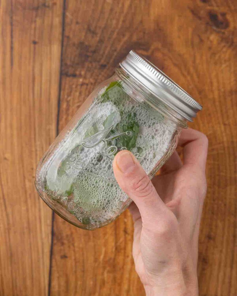 A hand shaking a jar filled with mint and vodka to make mint extract.