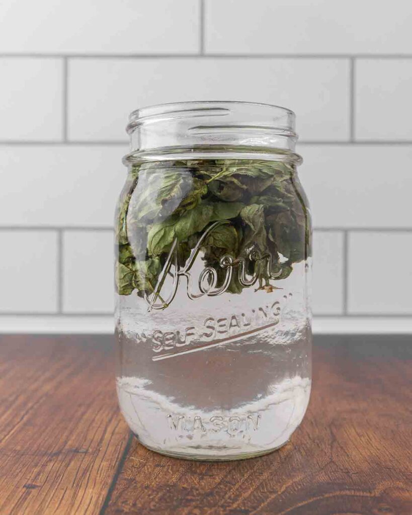 A mason jar filled with vodka and mint extract.