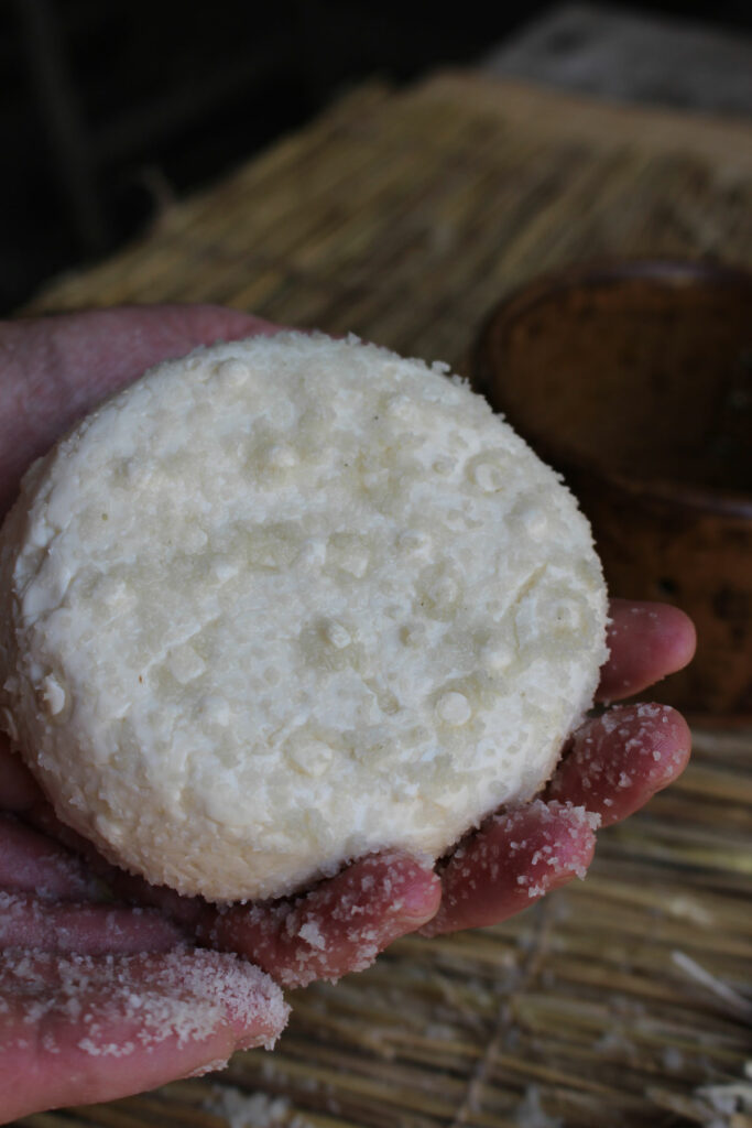 A small wheel of cheese covered in salt.