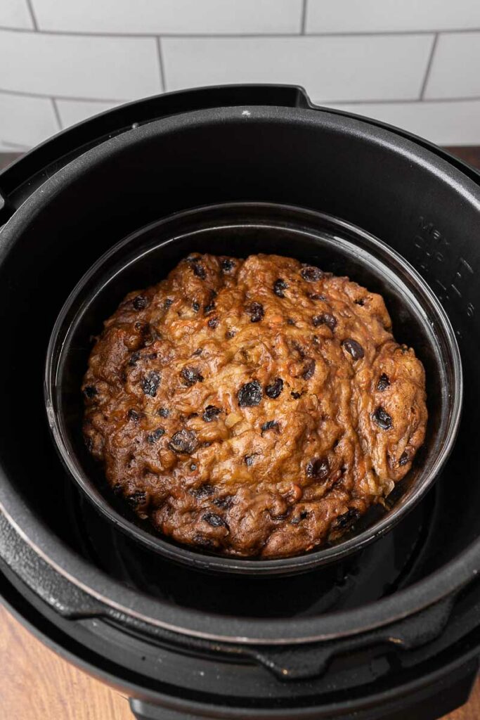 Christmas pudding done cooking in an Instant Pot.