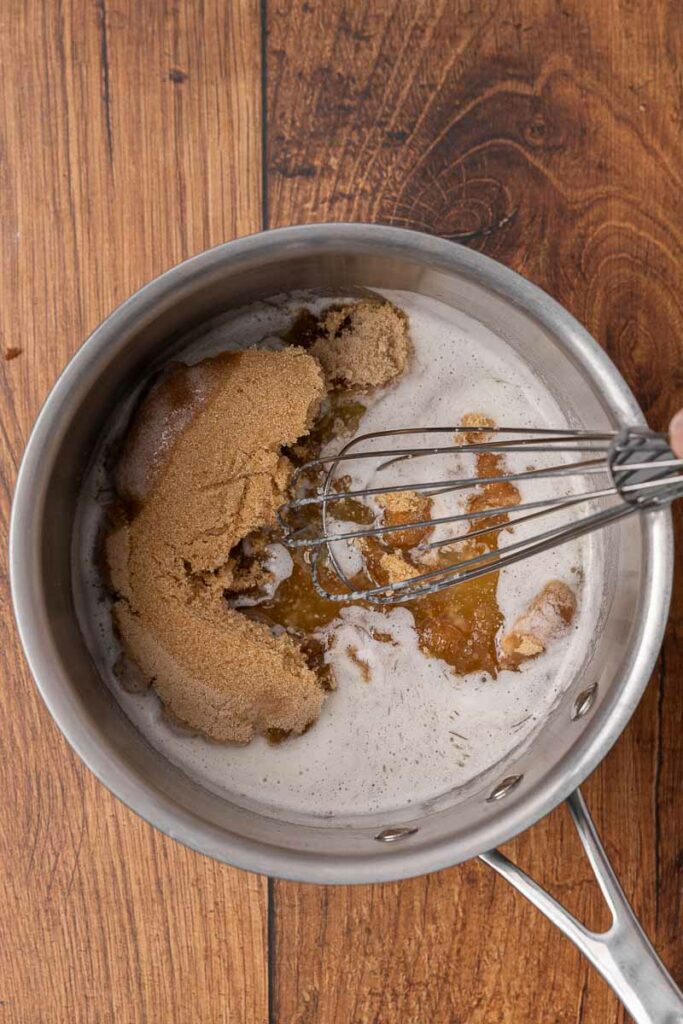 Brown sugar sauce cooking in a pot.