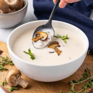 A bowl of cream of mushroom soup with someone taking a spoonful.