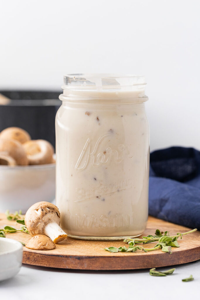 Cream of mushroom soup in a Mason jar.