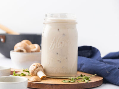 Cream of mushroom soup in a Mason jar.