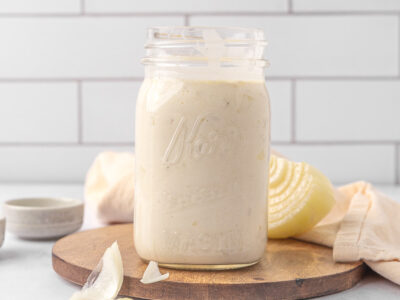 Cream of onion soup in a Mason jar.