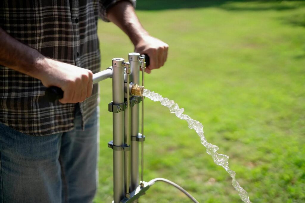 A man hand pumping water from a well.