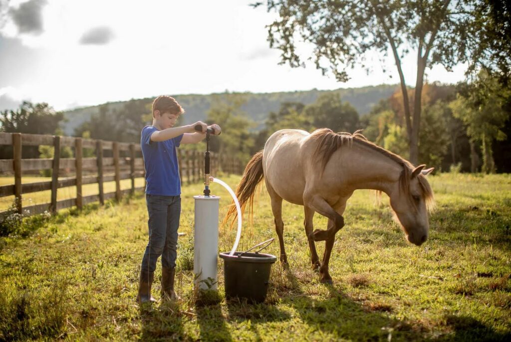 A young boy hand pumping water from a well with a horse in the background.