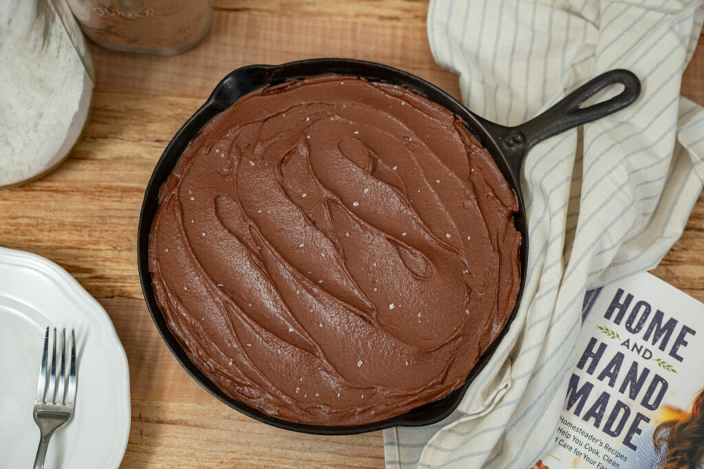 A frosted chocolate wacky cake in a cast iron skillet.